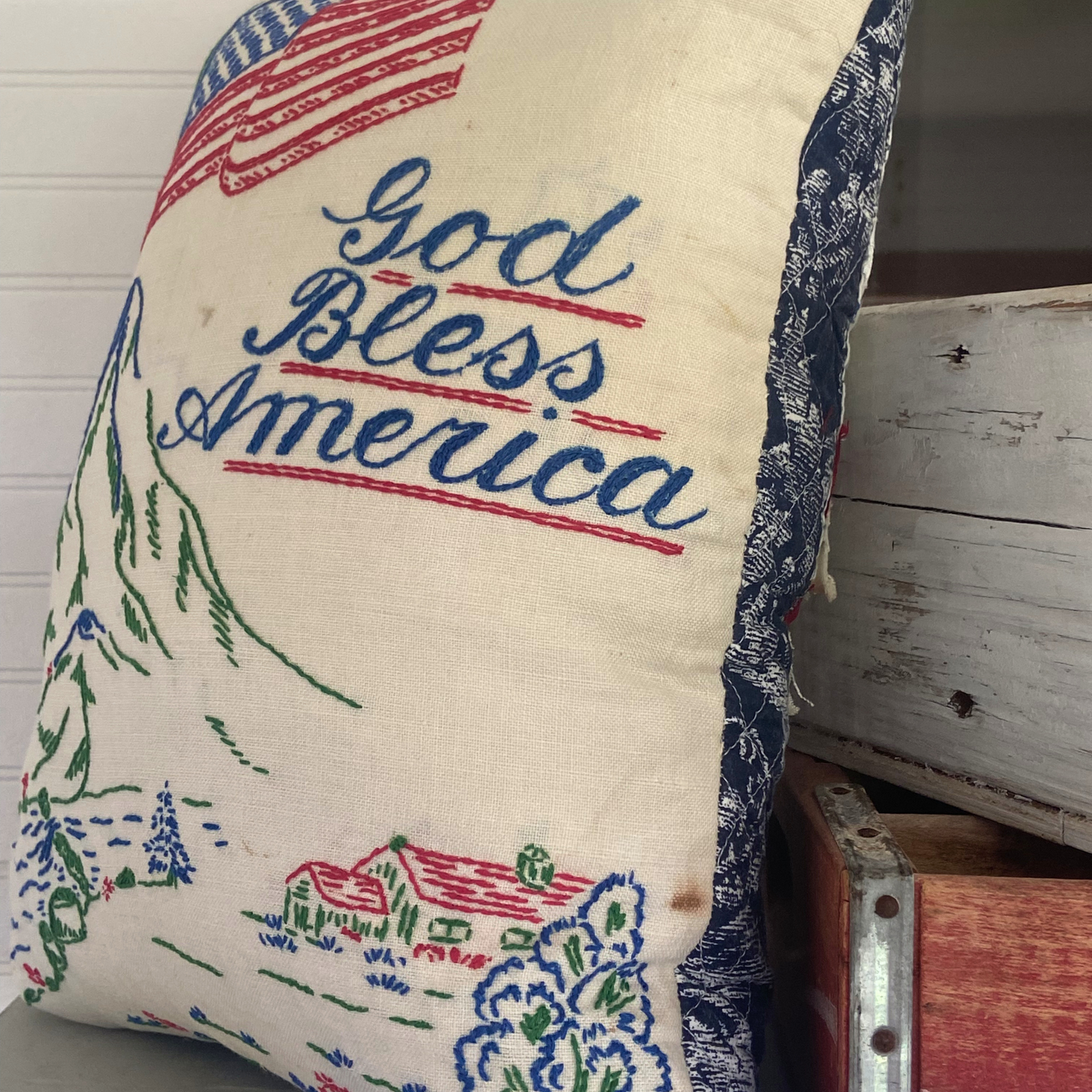 God Bless America Vintage Linen Pillow