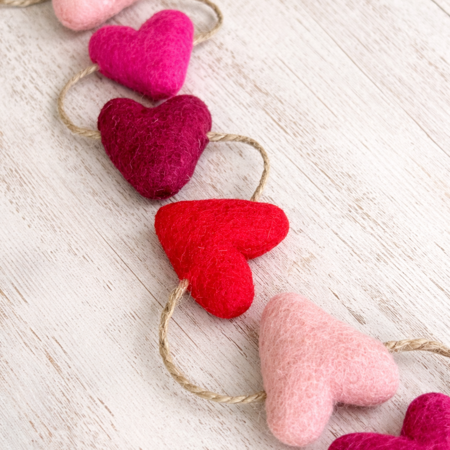 Shades of Pink Felted Wool Heart Garland-4 ft. Farmhouse Valentine Decor