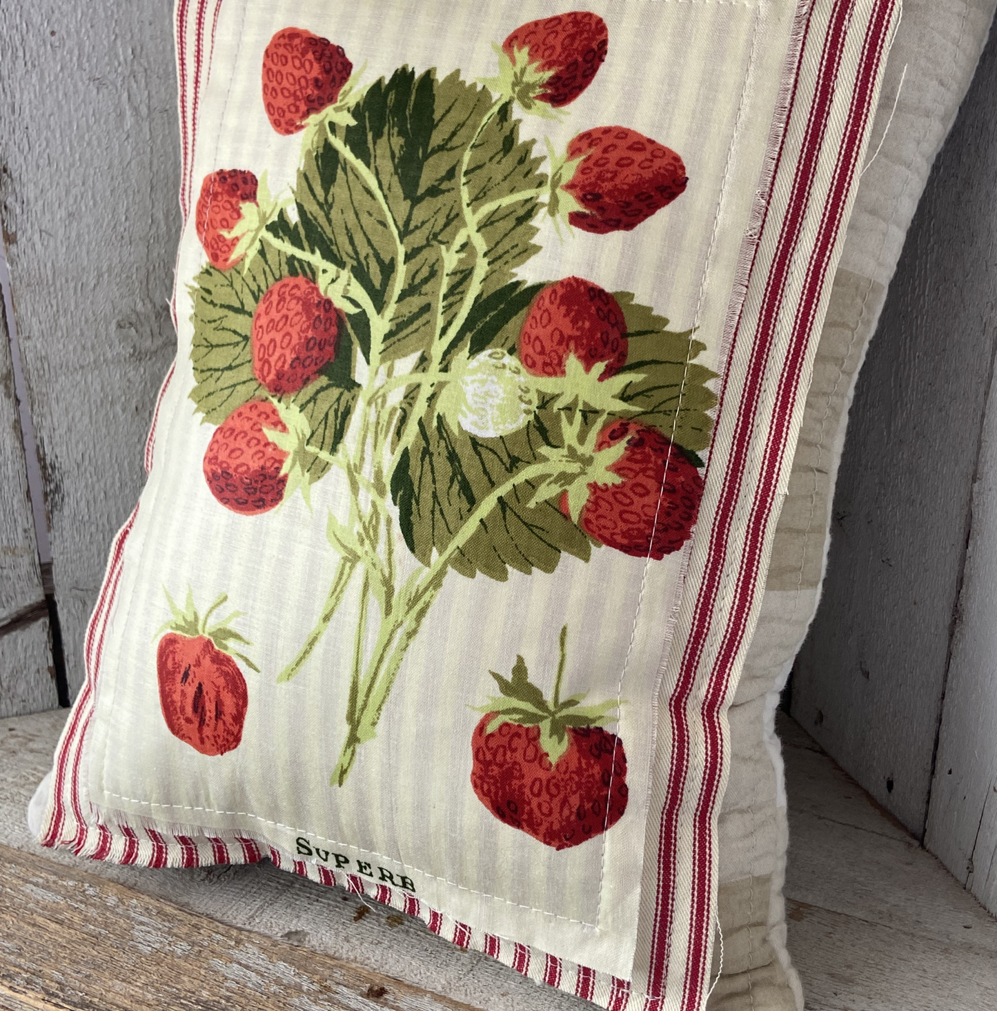 Vintage Strawberry Seed Packet Pillow –“Superb”– Handmade Farmhouse