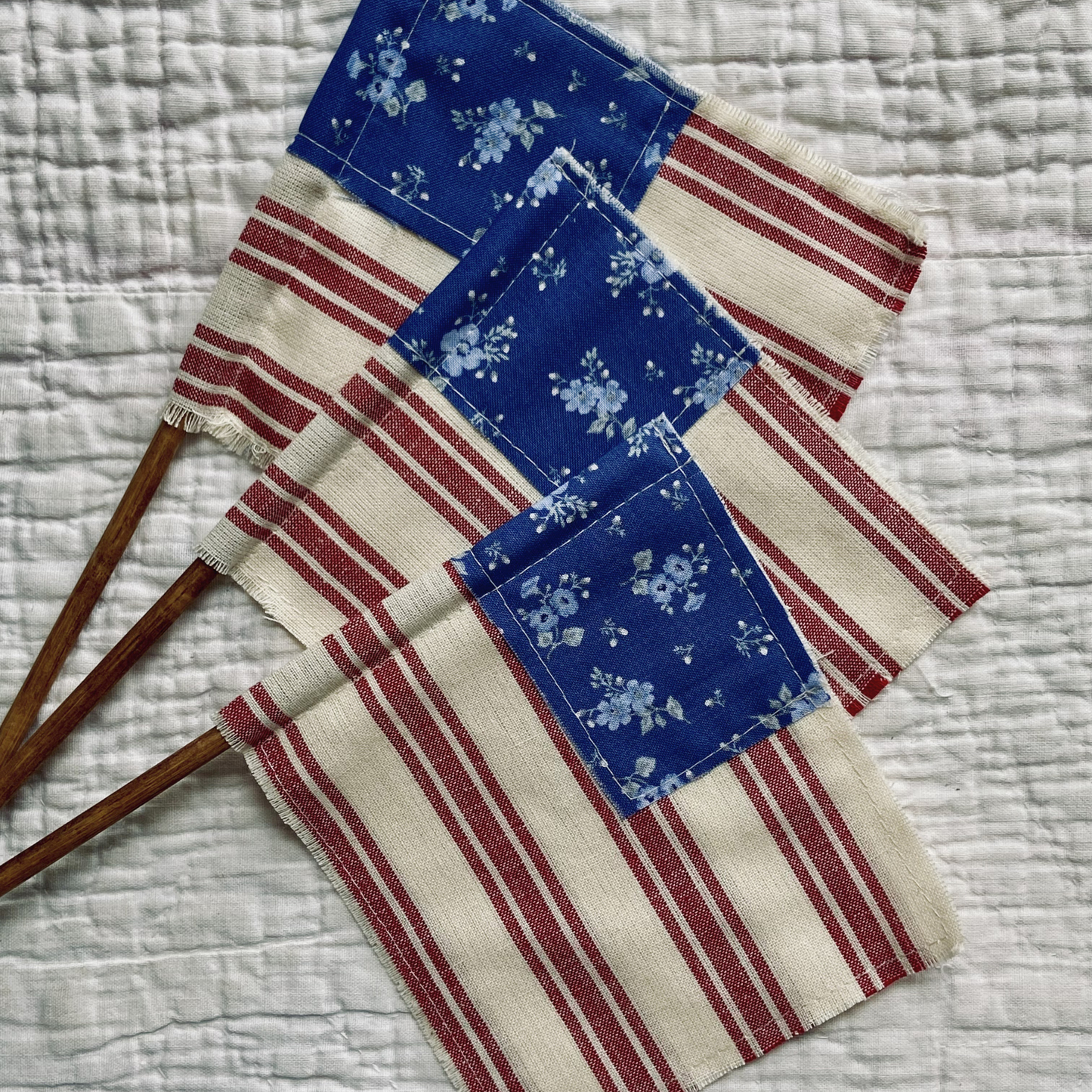 Handmade Americana Fabric Flags – Set of 3 – Vintage Patriotic 4th of July Farmhouse Decor