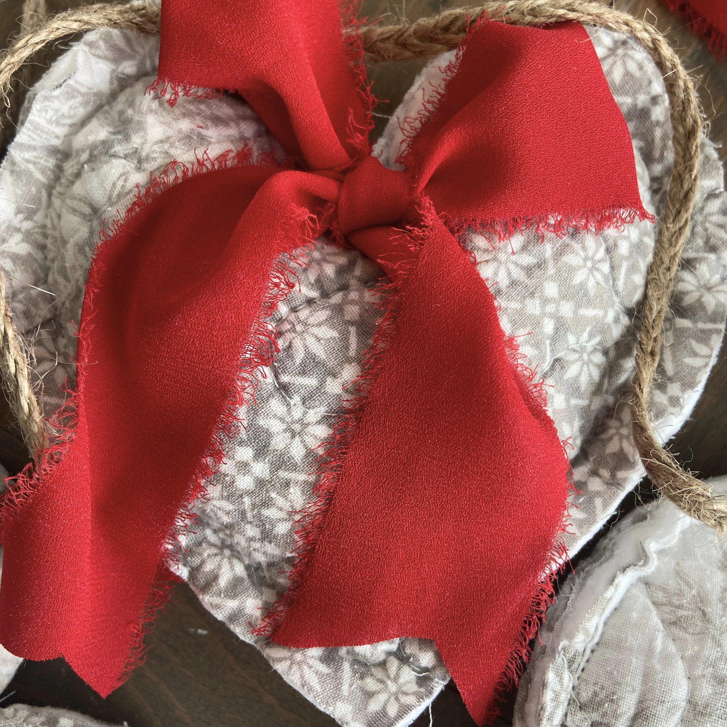 Gray & White Quilted Patchwork Heart Garland with Red Frayed Satin Bows-4 ft