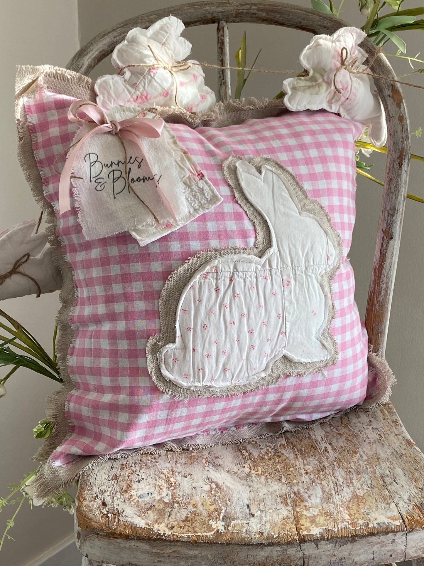 Farmhouse Quilted Bunny & Gingham Spring Pillow-14” x14”