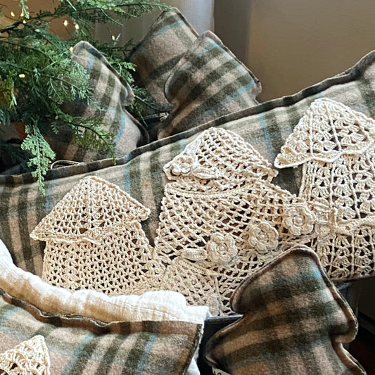 Large Vintage Wool Plaid Pillow w/ Vintage Crocheted Trees
