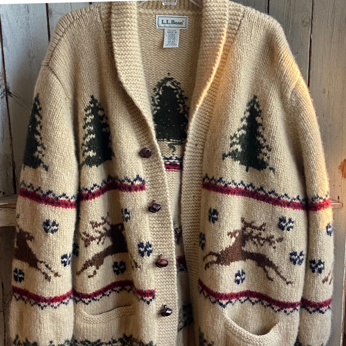 Vintage L.L. Bean Hand-Knit Wool Cardigan – Reindeer & Pine Trees