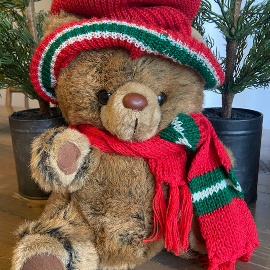 Vintage Christmas Brown Bear with Red and Green Knitted Hat & Scarf