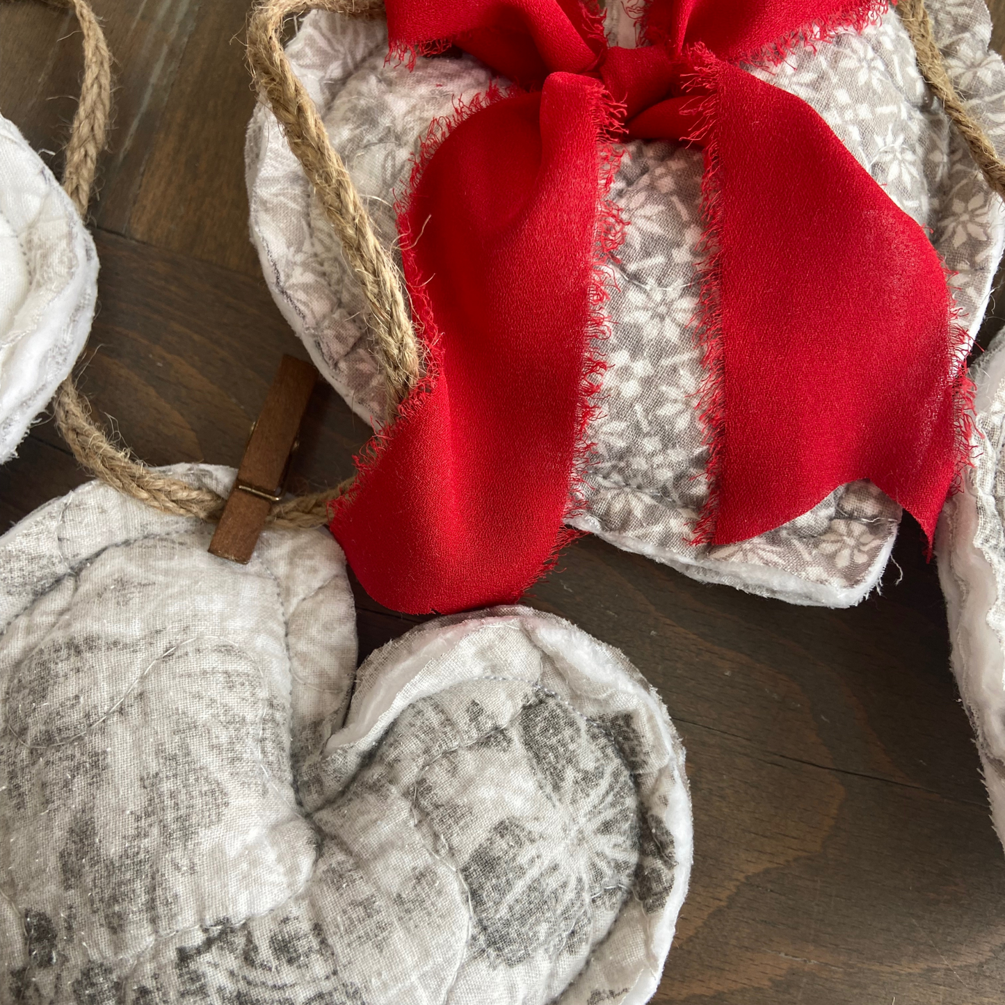 Gray & White Quilted Patchwork Heart Garland with Red Frayed Satin Bows-4 ft