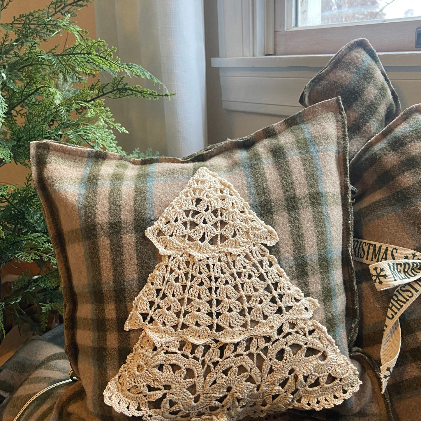 Crocheted Christmas Tree on Vintage Plaid-14” x 14”