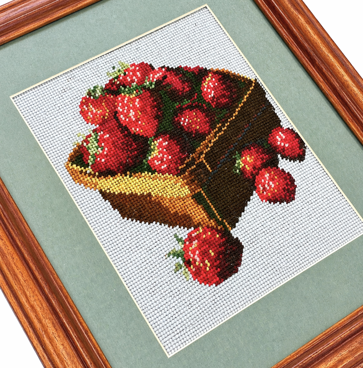 Framed Vintage Strawberry Needlepoint – Farmhouse Summer Wall Art