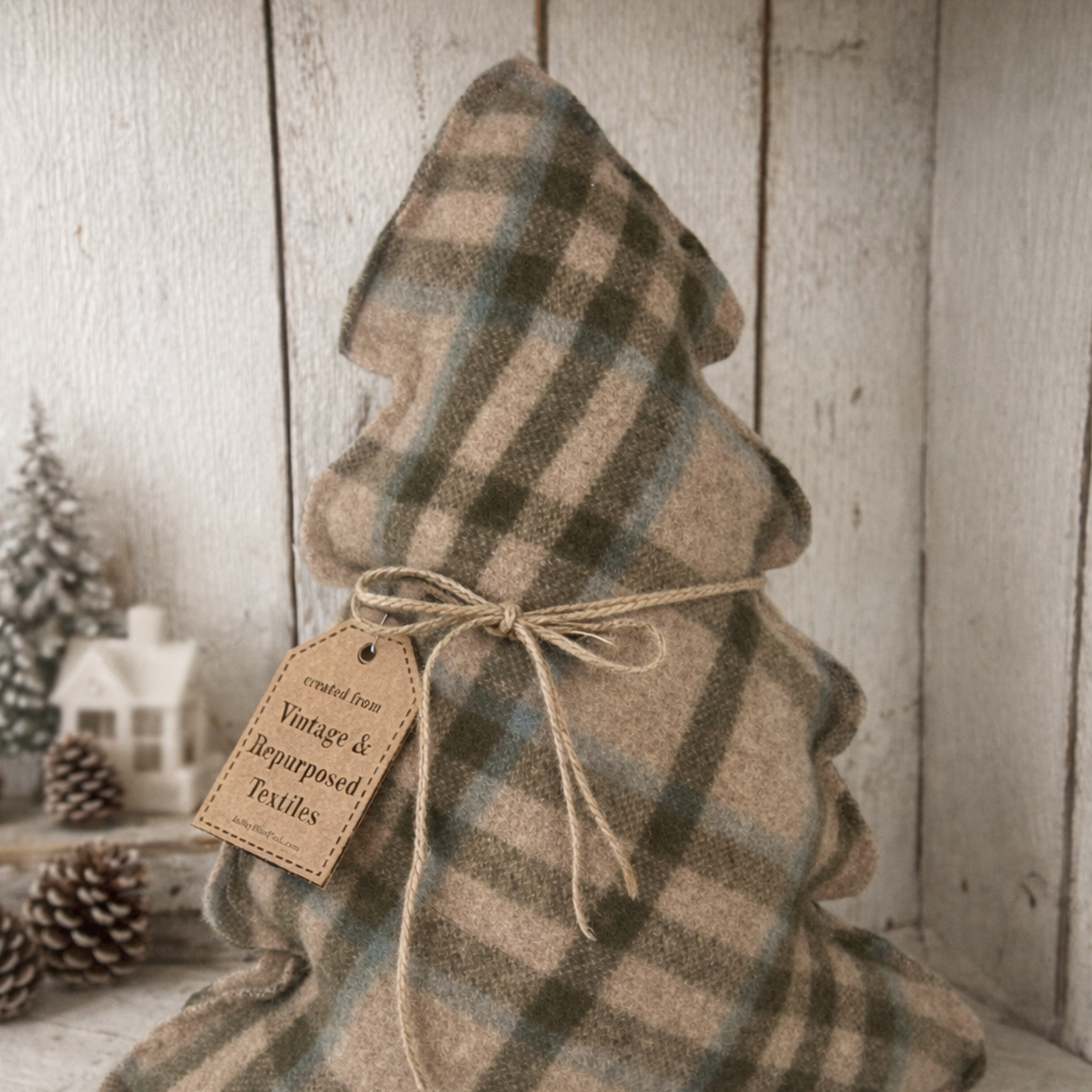 Vintage Wool Woodland Tree Pillow – Winter Farmhouse Décor