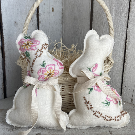 Vintage Quilt Bunny Bowl Fillers – Rabbits with Pink Embroidered Floral-set of 2