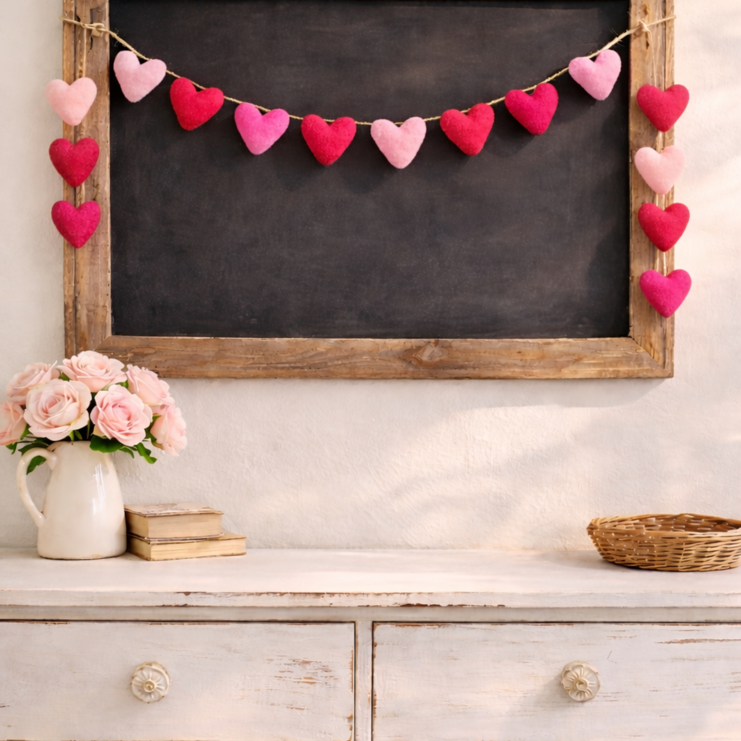 Shades of Pink Felted Wool Heart Garland-4 ft. Farmhouse Valentine Decor