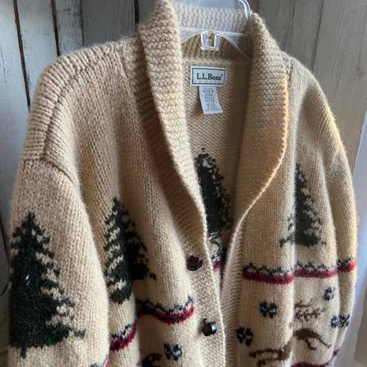 Vintage L.L. Bean Hand-Knit Wool Cardigan – Reindeer & Pine Trees