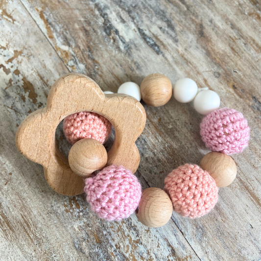 Spring Wooden Baby Teether with crocheted, silicone and wooden beads