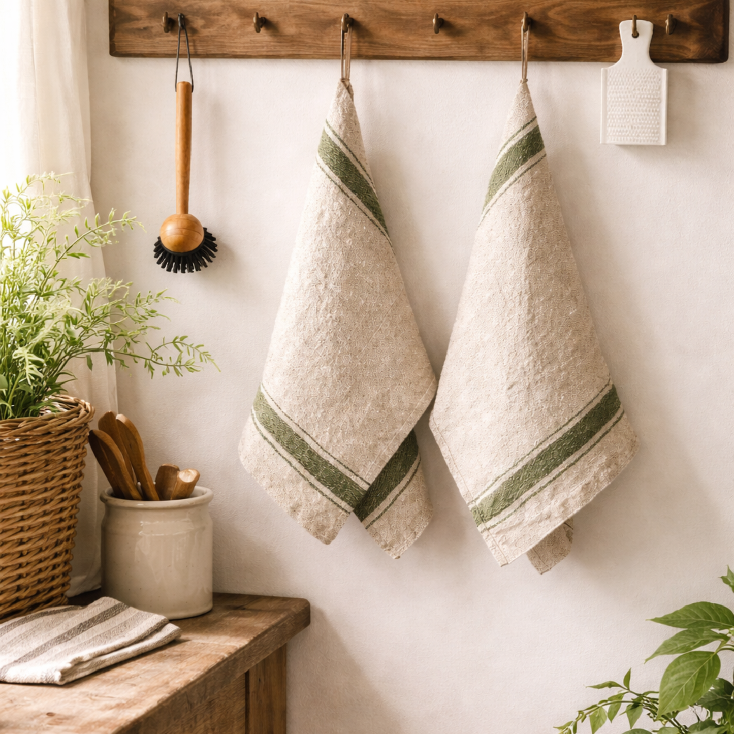 Green Striped European Washed Linen Kitchen Towel