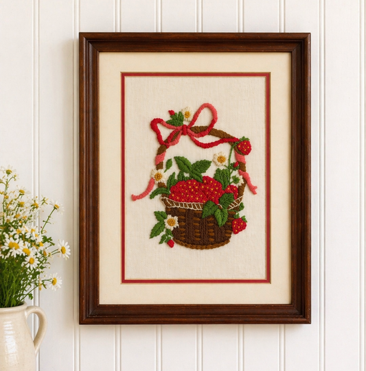 Vintage Strawberry Needlepoint Art – Framed Farmhouse Wall Decor