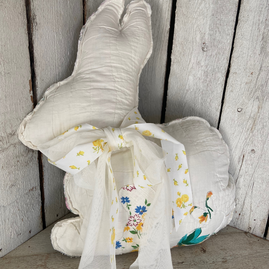 Large Vintage Quilted Rabbit w/Flour Sac Fabric Embellished Baby Bunnies