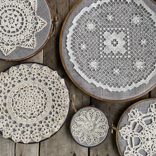 Vintage Lace Embroidery Hoop Wall Décor | Winter Farmhouse Cottage Wall Art-set of 5