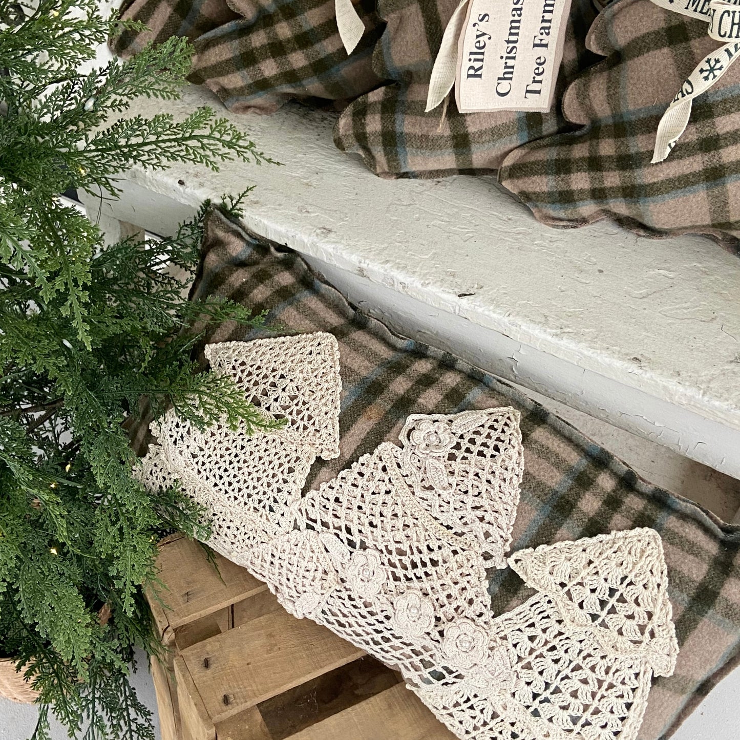 Large Vintage Wool Plaid Pillow w/ Vintage Crocheted Trees