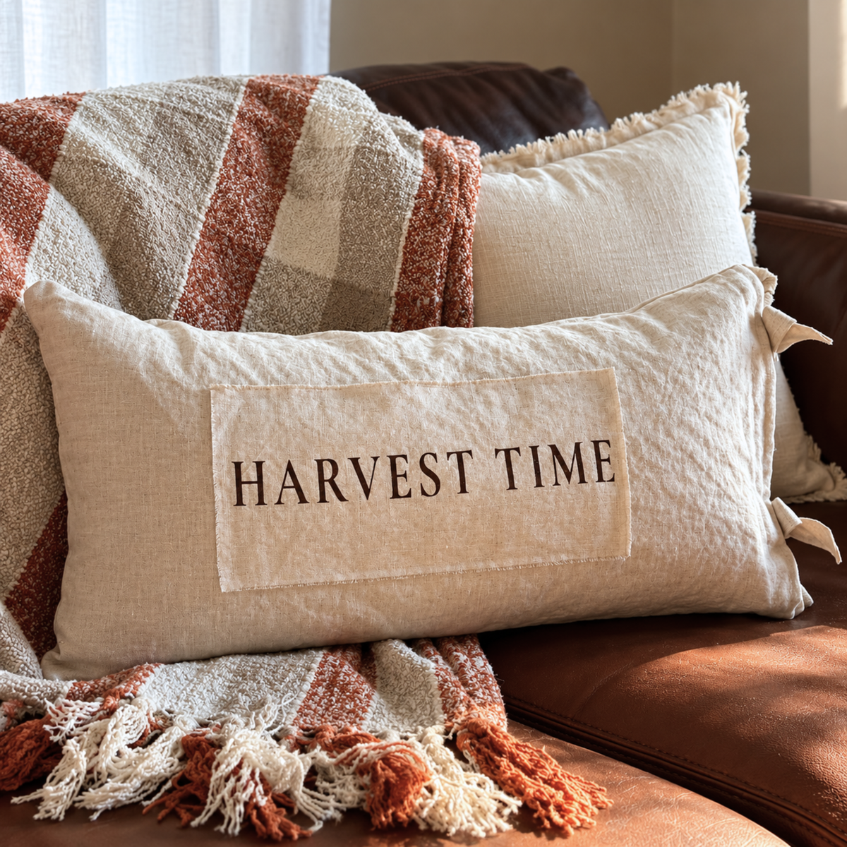 Harvest Time Lumbar Linen Tie Pillow w/neutral stripe pillow insert