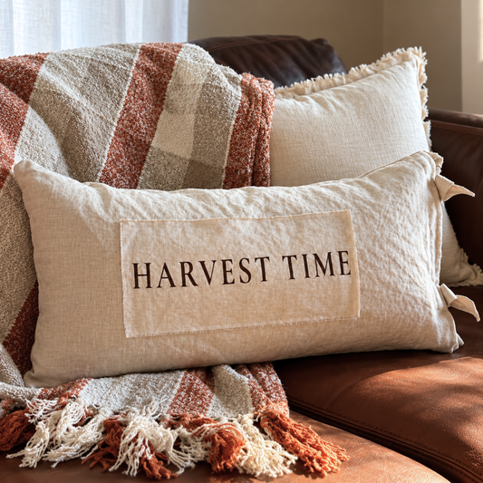Harvest Time Lumbar Linen Tie Pillow w/neutral stripe pillow insert