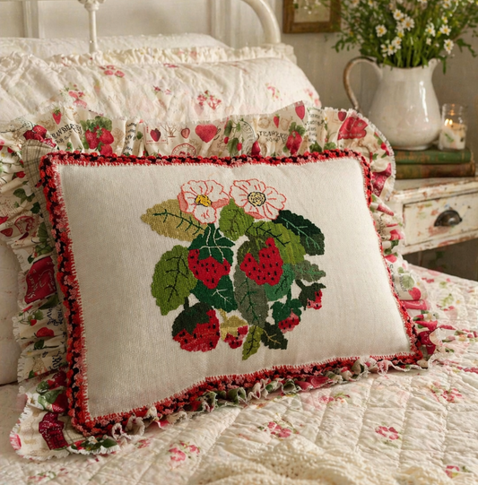 Vintage Strawberry Tapestry Pillow-One of a Kind Farmhouse Textile