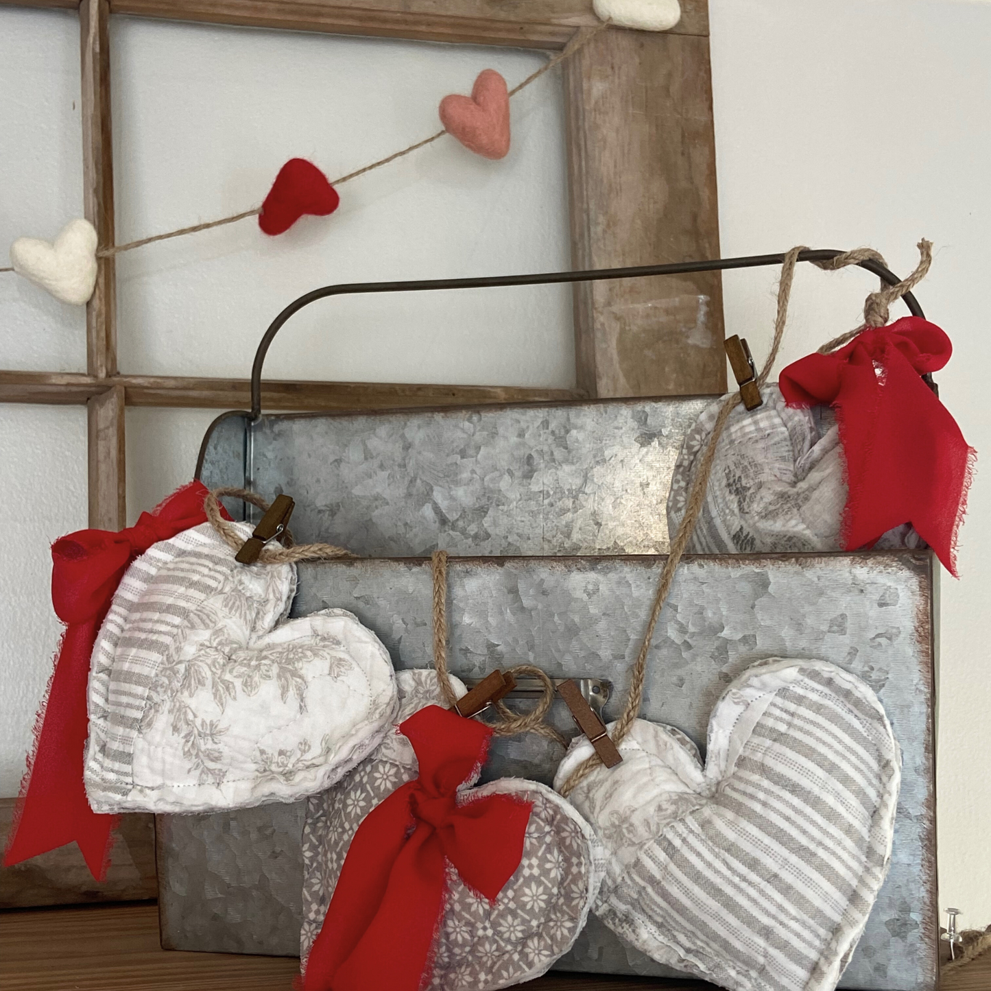 Gray & White Quilted Patchwork Heart Garland with Red Frayed Satin Bows-4 ft