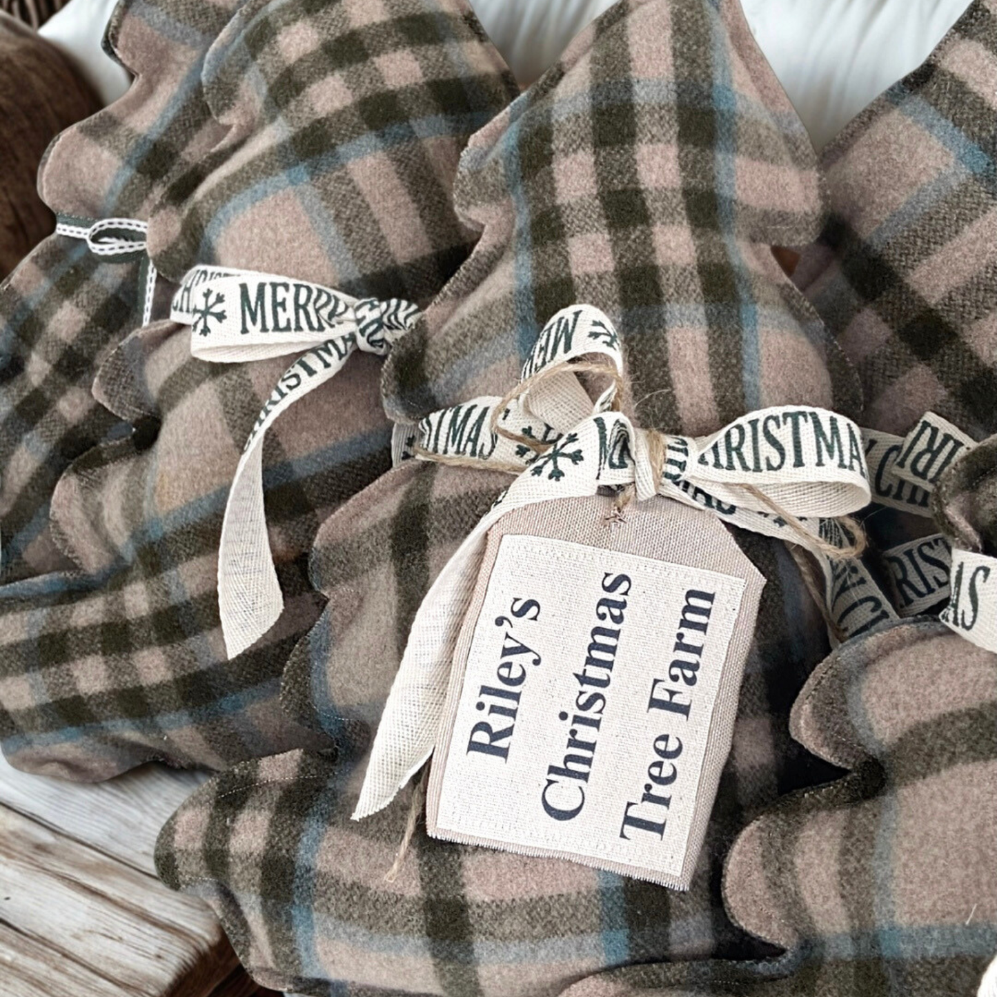Vintage Plaid Christmas Tree Farm Pillows w/ custom tag