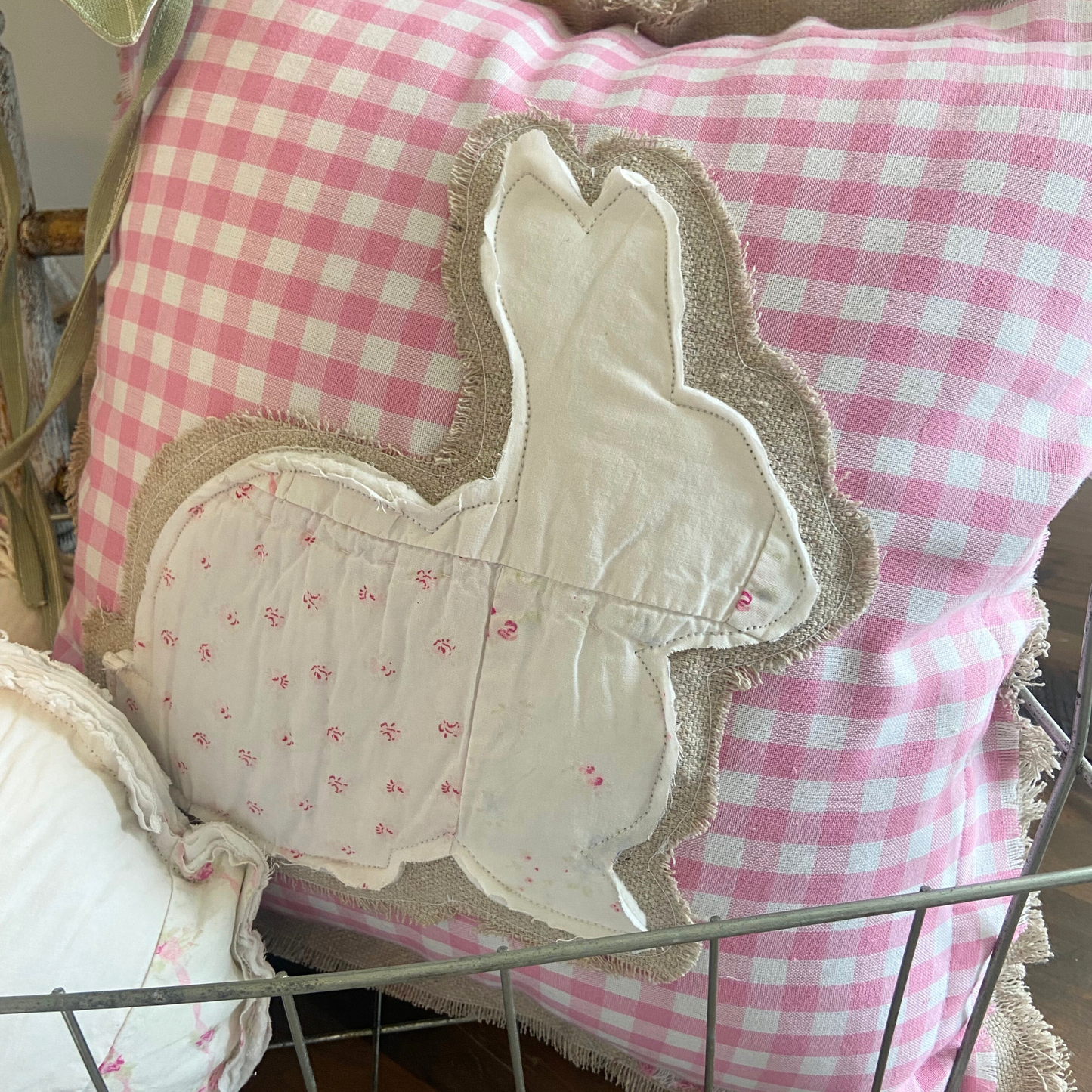 Farmhouse Quilted Bunny & Gingham Spring Pillow-14” x14”