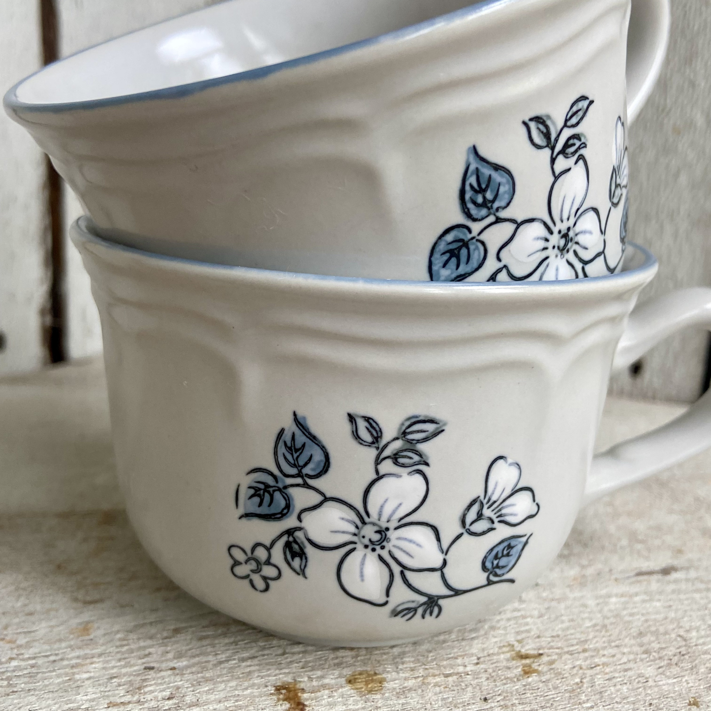 Vintage Covington Blue Floral Stoneware Cups – Set of 2