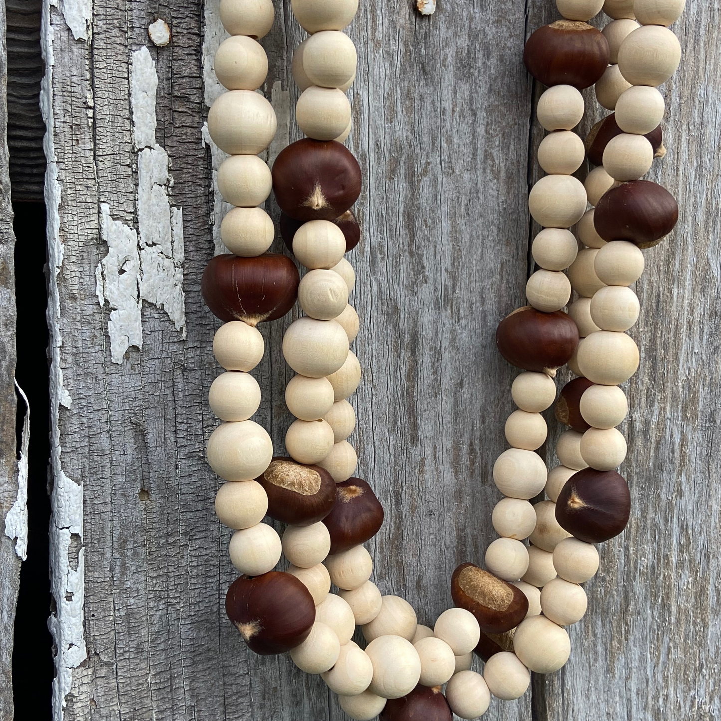 Rustic Dried Chestnut and Wood Bead Handmade Holiday Garland - Unique Farmhouse Christmas Decoration 5-ft, 7-ft, 9-ft