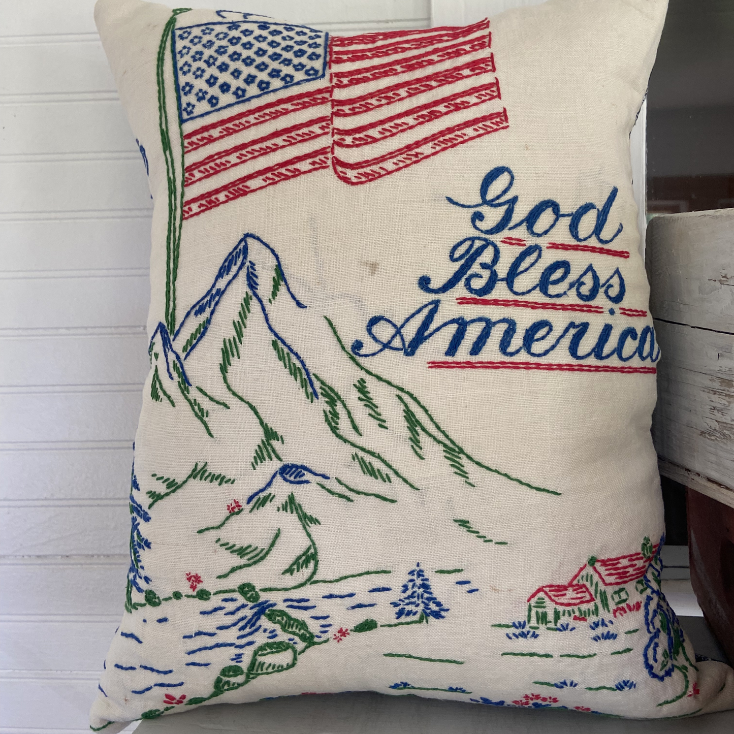 God Bless America Vintage Linen Pillow