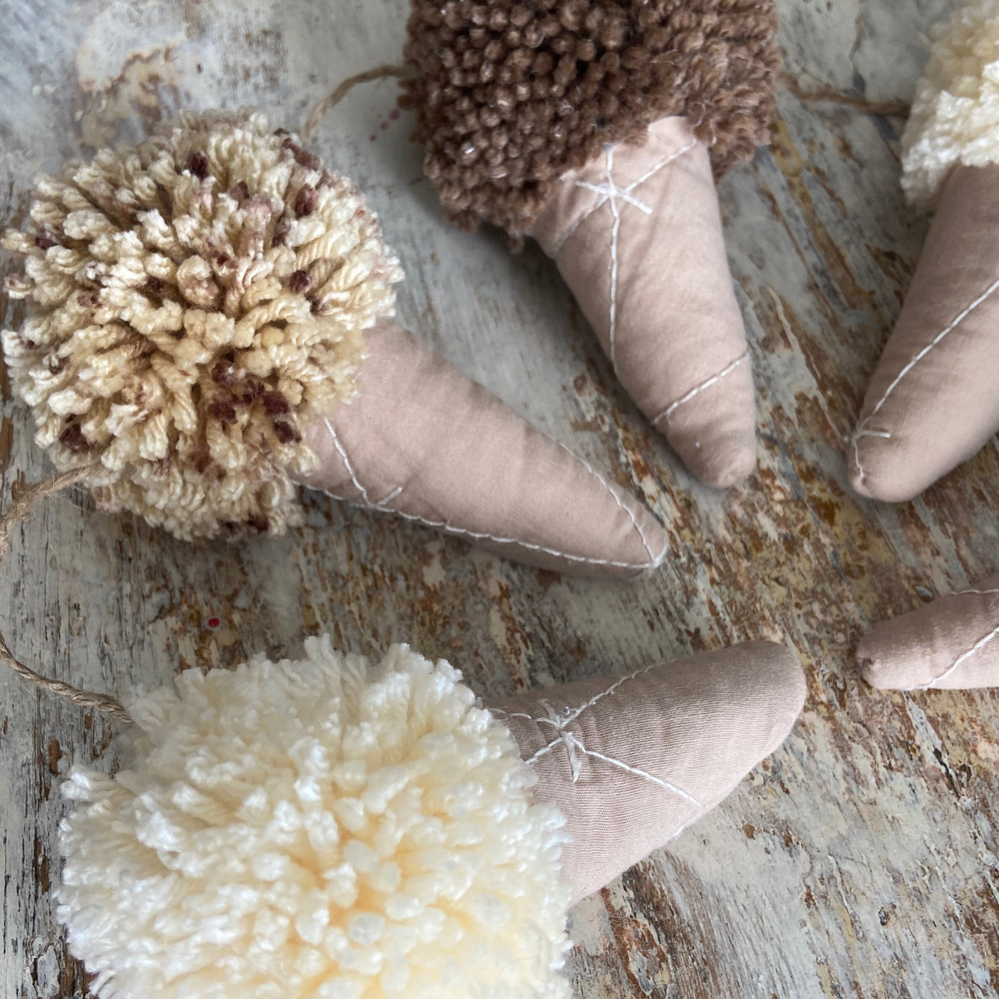 Quilted Ice Cream Cones & Neutral Pom Pom Ice Cream Scoops-chocolate, vanilla & cookie dough