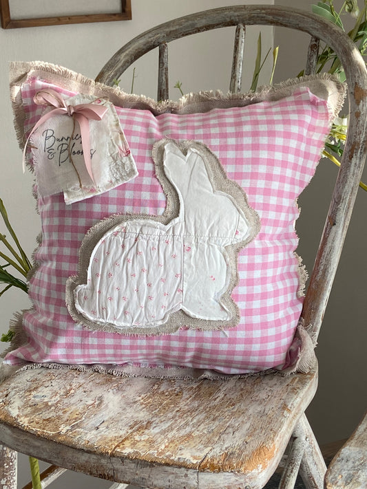 Farmhouse Quilted Bunny & Gingham Spring Pillow-14” x14”