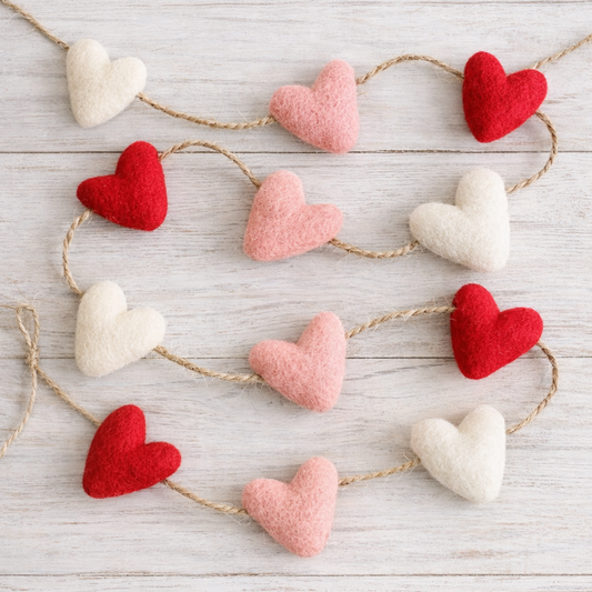 Felted Wool Hearts Garland-Red, Pink, White 4-foot Valentine Decor