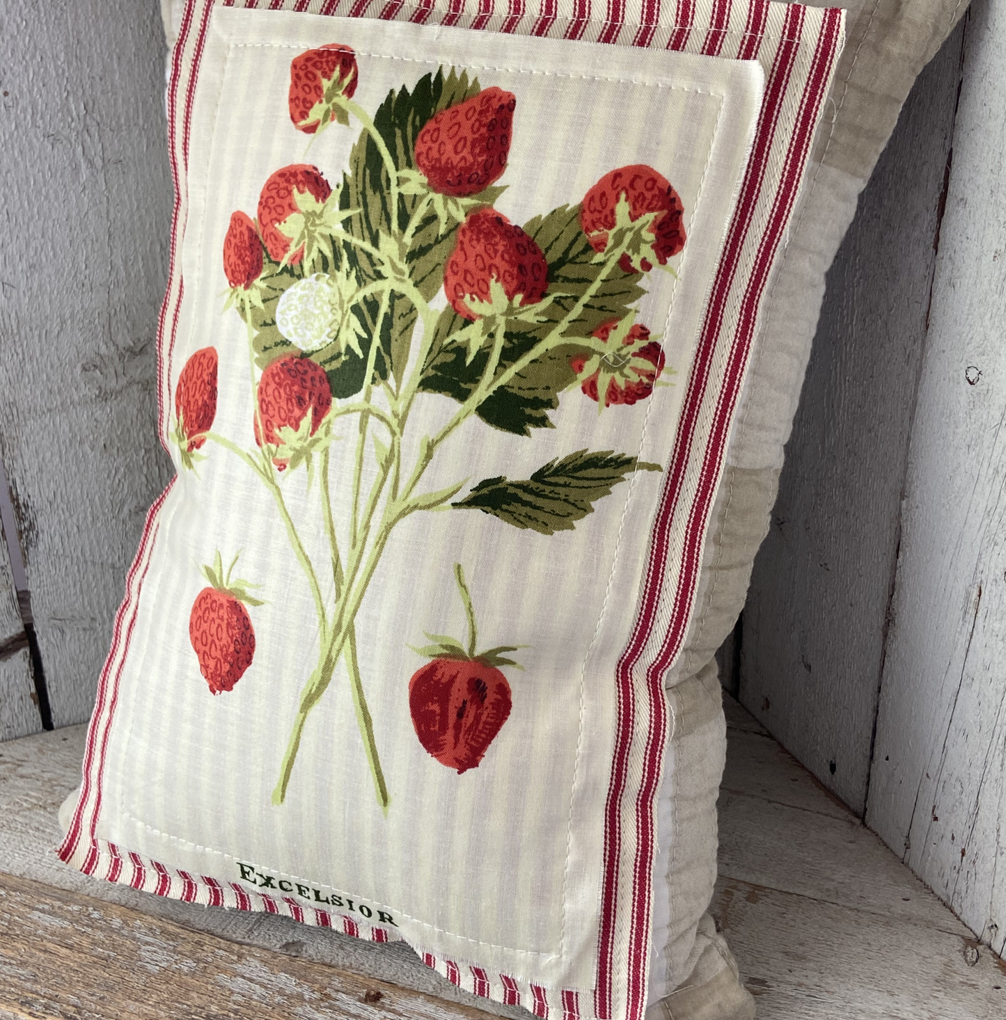 Vintage Strawberry Seed Packet Pillow – “Excelsior” – Handmade Farmhouse