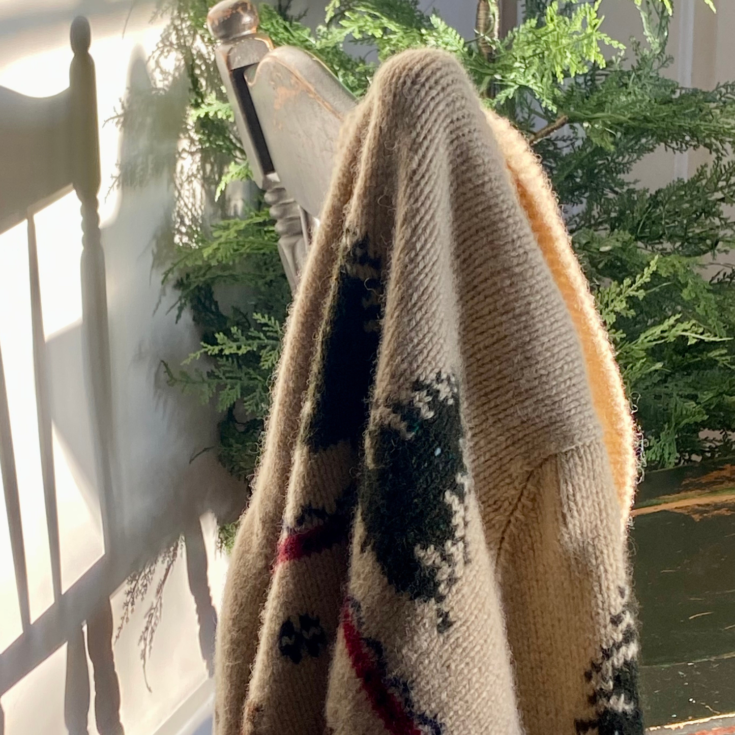 Vintage L.L. Bean Hand-Knit Wool Cardigan – Reindeer & Pine Trees