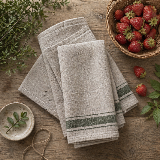 Green Striped European Washed Linen Kitchen Towel