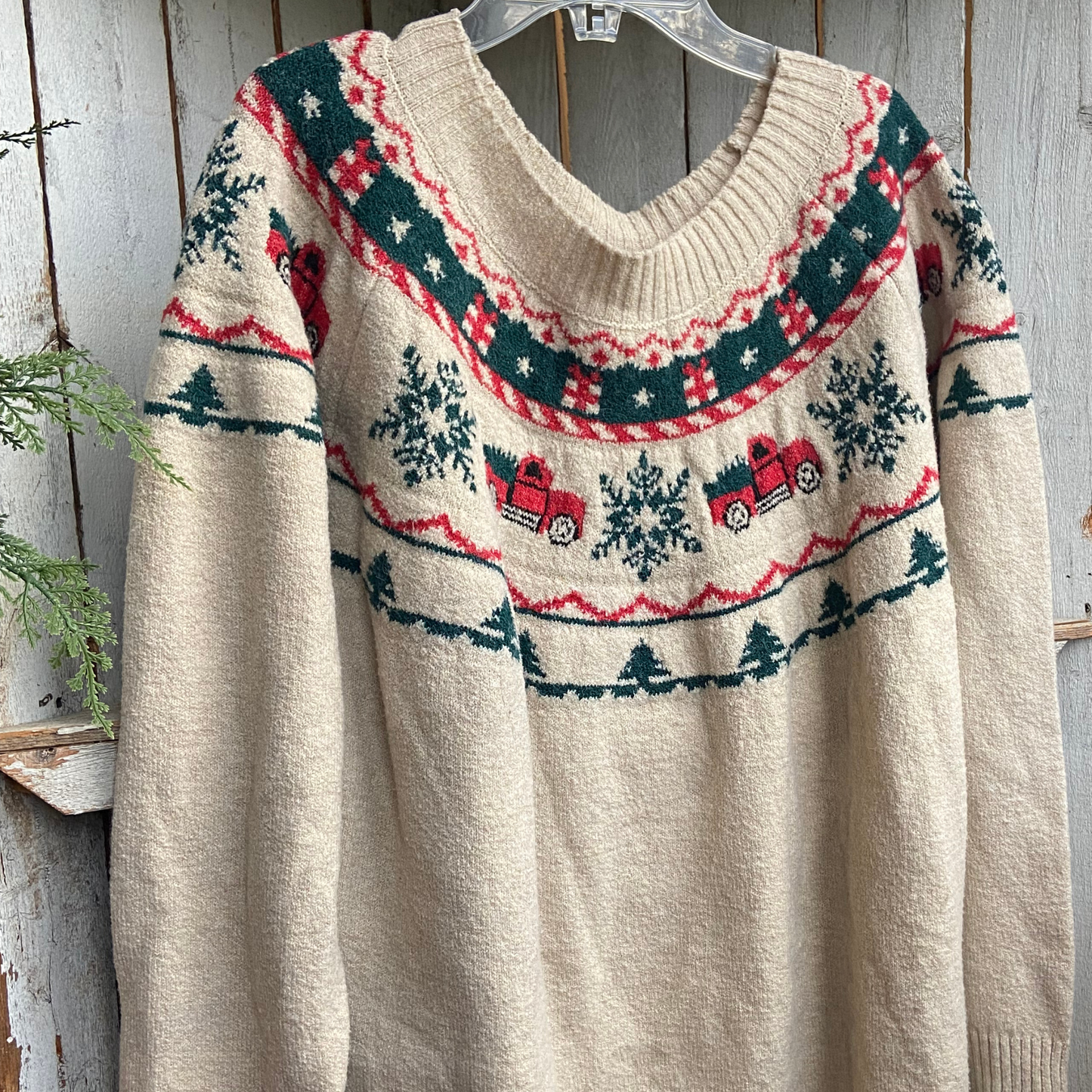 Vintage Christmas Sweater w/Red Trucks and Trees- size 2x