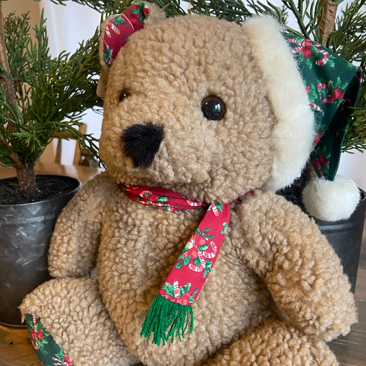 Patchwork Christmas Bear w/ Hat and Scarf