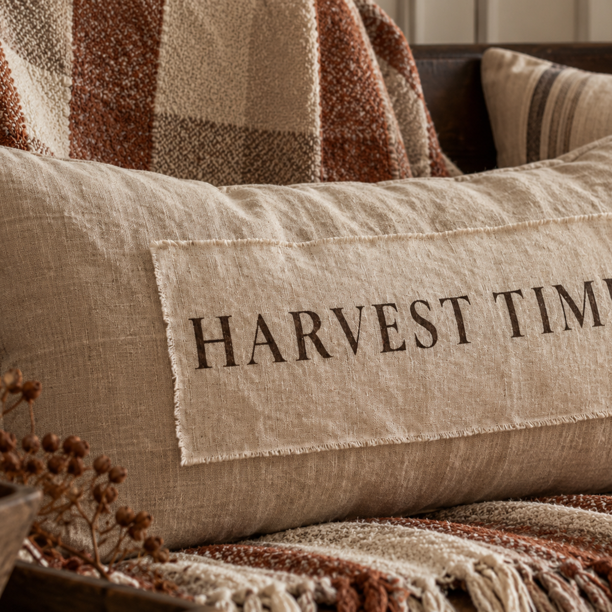 Harvest Time Lumbar Linen Tie Pillow w/neutral stripe pillow insert