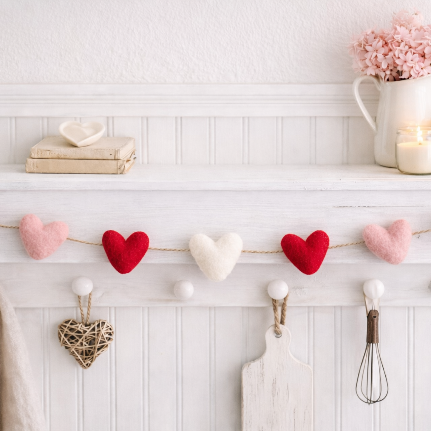 Felted Wool Hearts Garland-Red, Pink, White 4-foot Valentine Decor