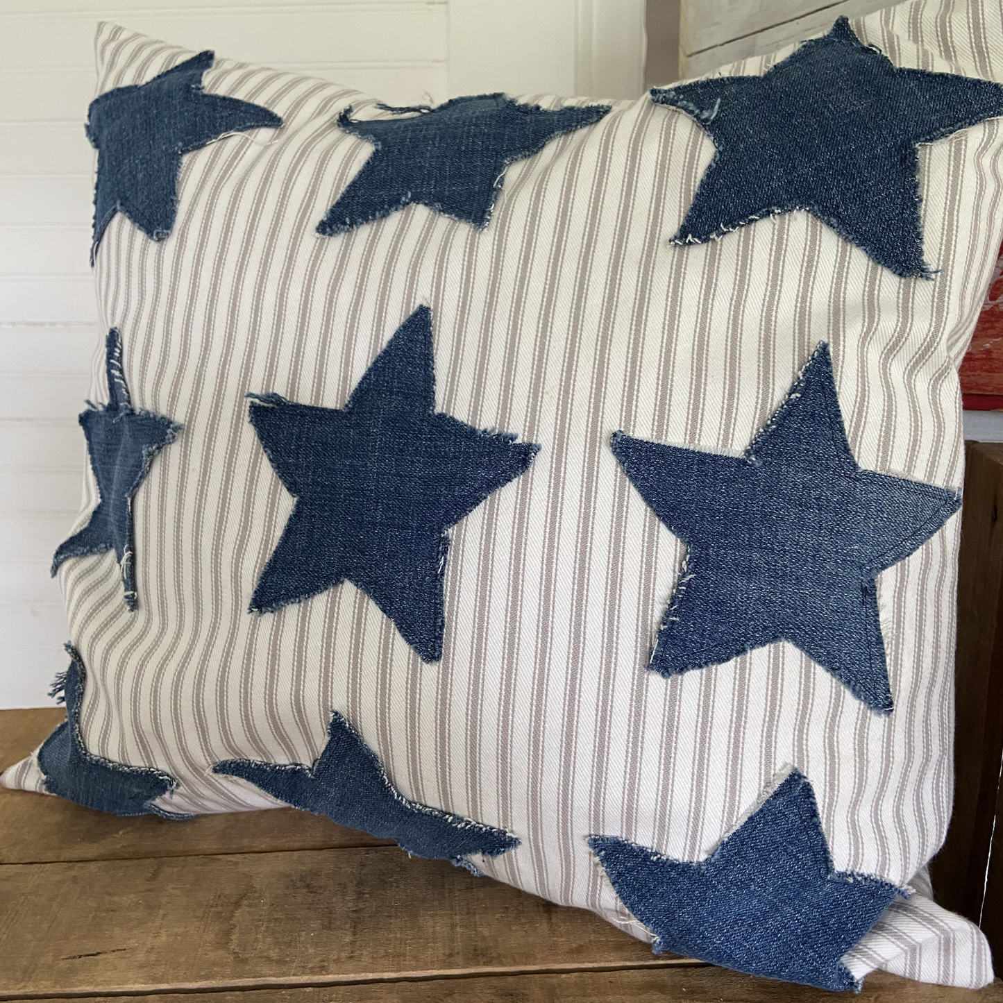 Frayed Denim Star Pillow 16”