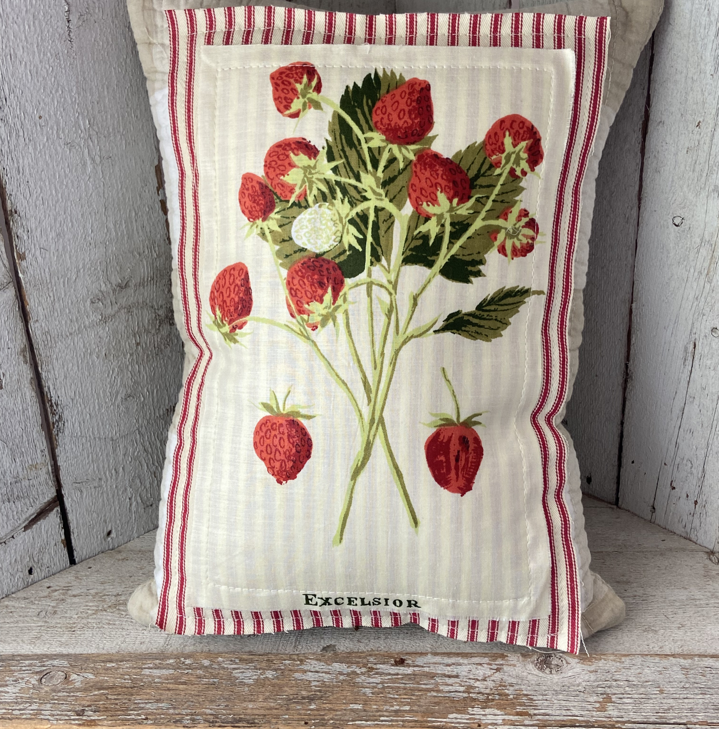 Vintage Strawberry Seed Packet Pillow – “Excelsior” – Handmade Farmhouse