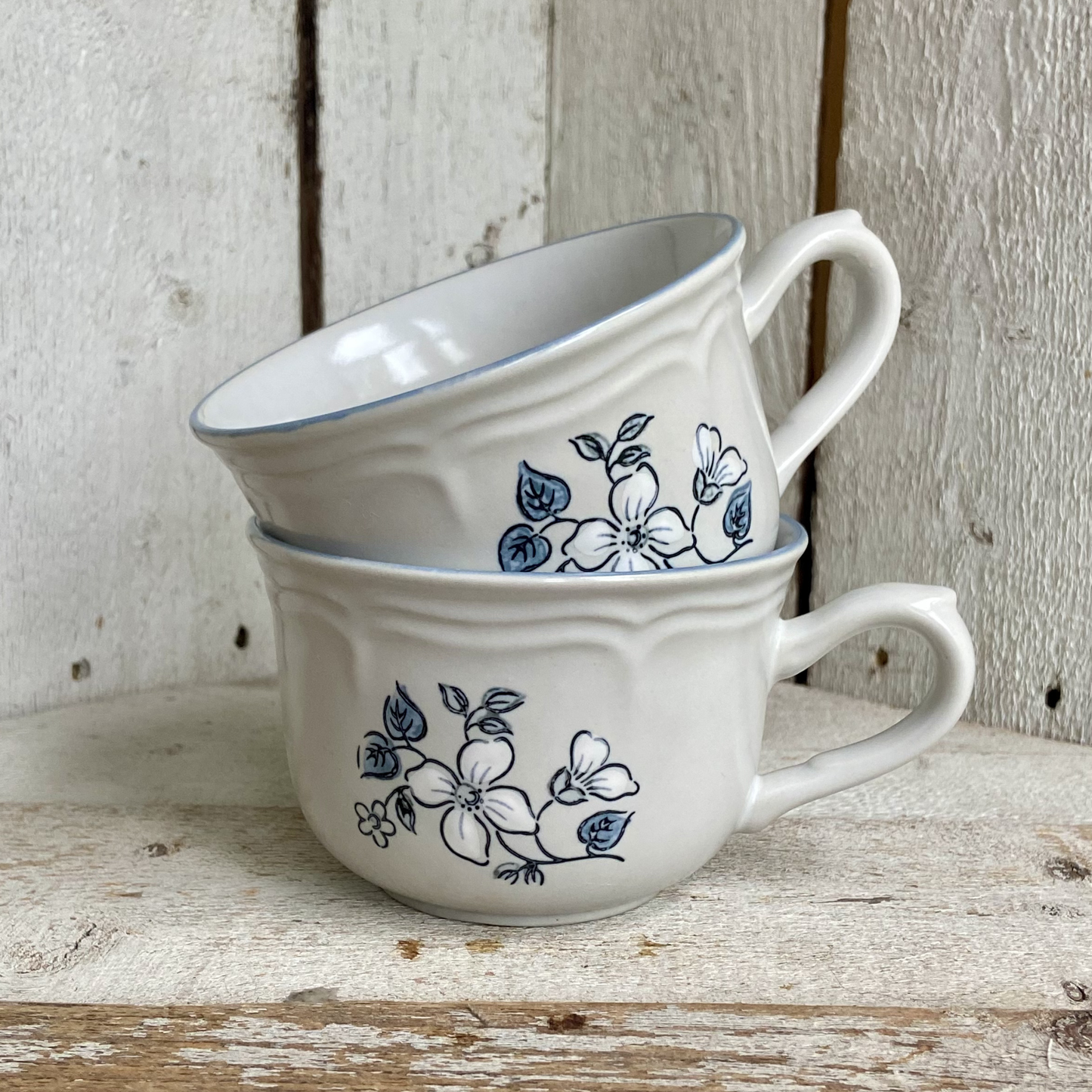 Vintage Covington Blue Floral Stoneware Cups – Set of 2