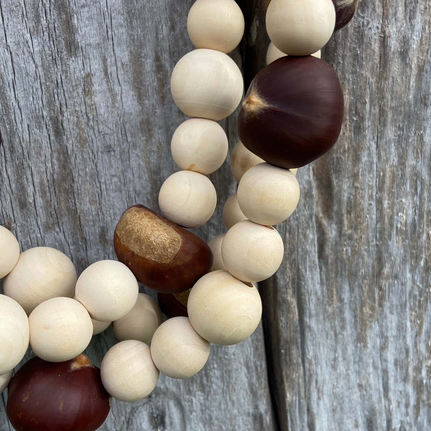 Rustic Dried Chestnut and Wood Bead Handmade Holiday Garland - Unique Farmhouse Christmas Decoration 5-ft, 7-ft, 9-ft