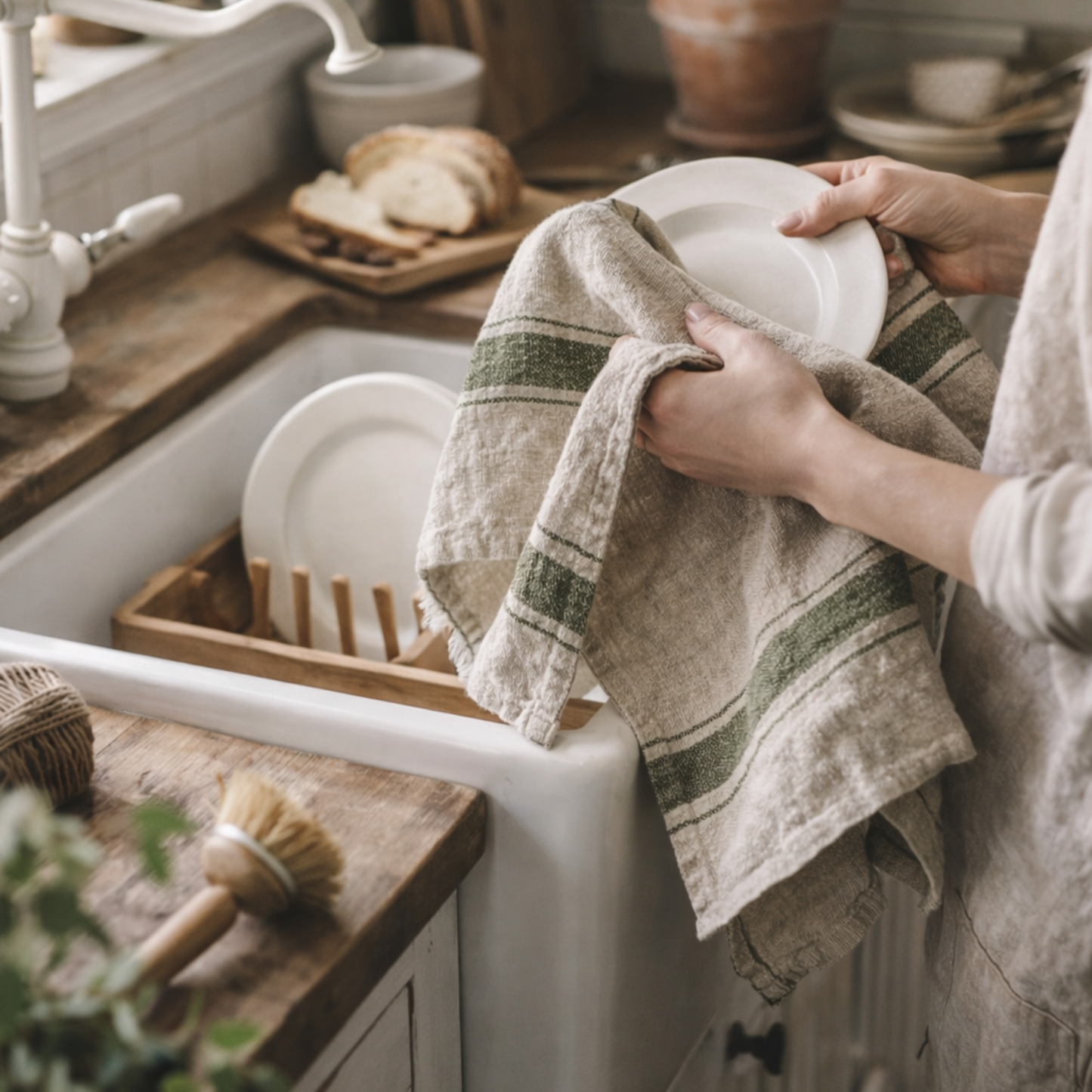 Green Striped European Washed Linen Kitchen Towel