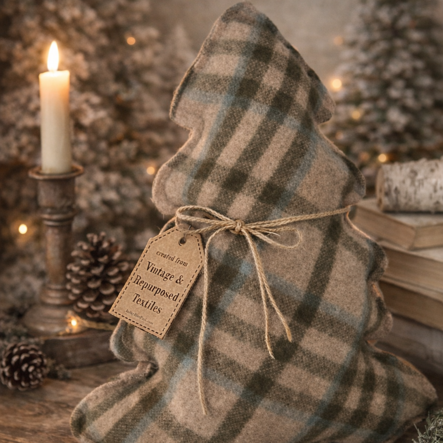 Vintage Wool Woodland Tree Pillow – Winter Farmhouse Décor