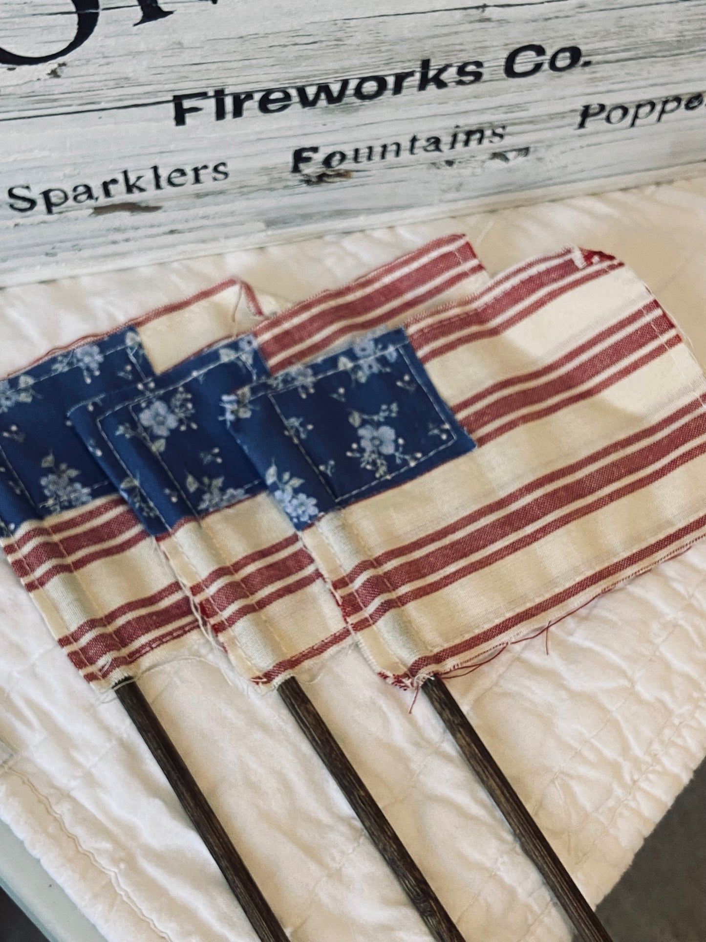Handmade Americana Fabric Flags – Set of 3 – Vintage Patriotic 4th of July Farmhouse Decor