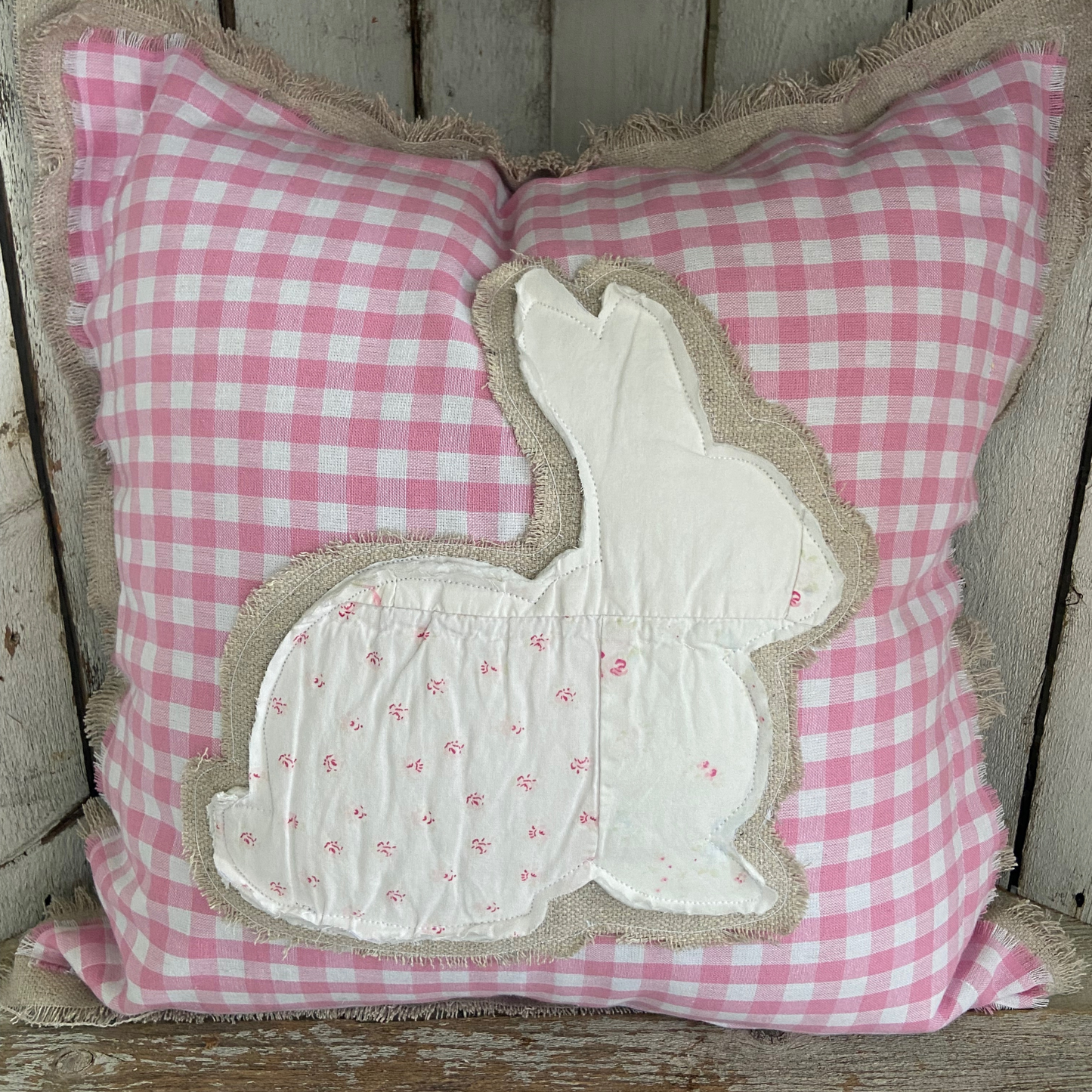 Farmhouse Quilted Bunny & Gingham Spring Pillow-14” x14”