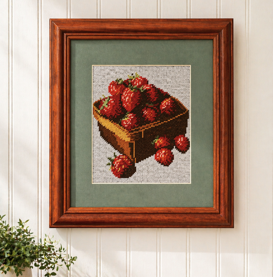 Framed Vintage Strawberry Needlepoint – Farmhouse Summer Wall Art